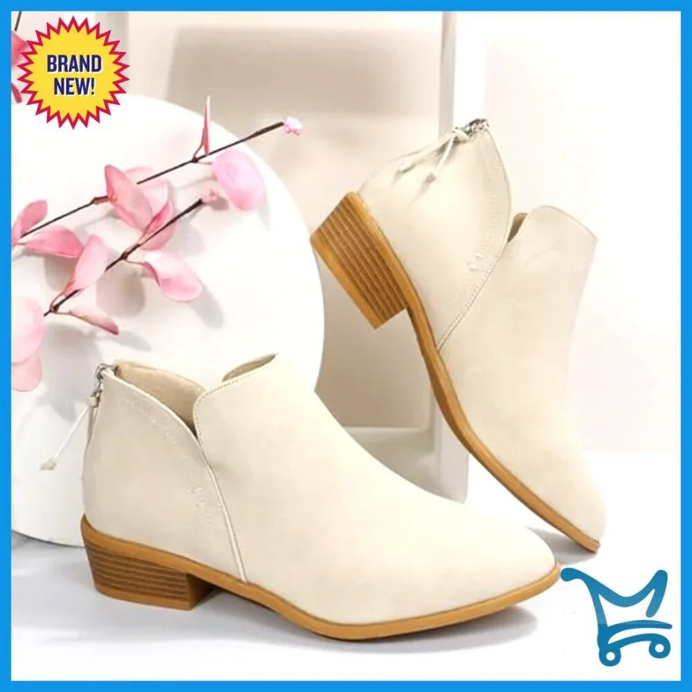 Women's Faux Suede Ankle Boots with Low Block Heel and Side Zipper